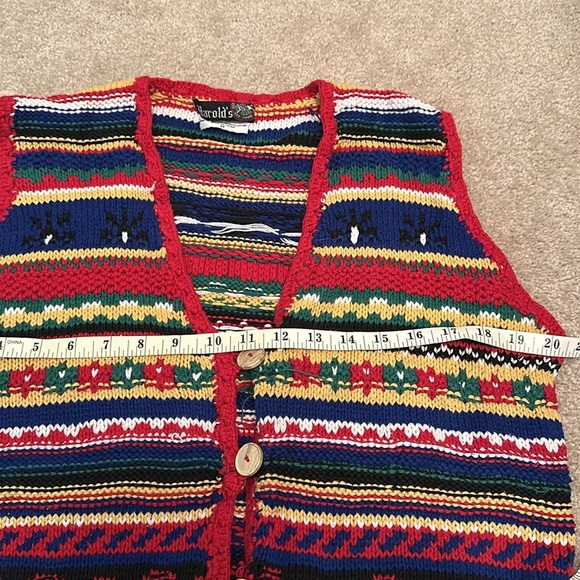 Harold’s Knitted By Hand 100% Cotton Striped Colorful Vest Wooden Buttons Medium - Picture 2 of 7
